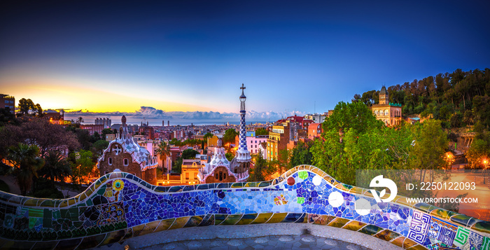 Sunrise in Barcelona seen from Park Guell. Spain