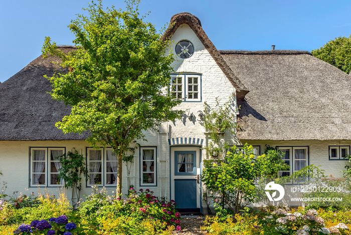 Friesenhaus mit Reetdach auf der Nordseeinsel Föhr