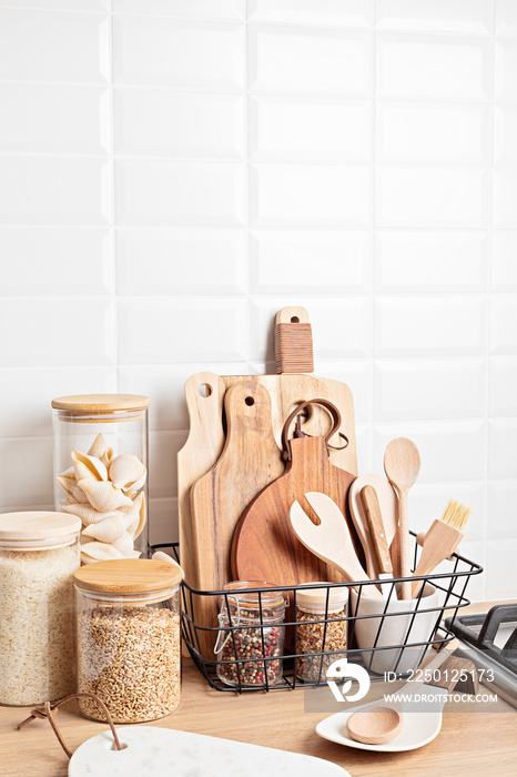 Eco friendly kitchen utensils and decoration, sustainable ethical lifestyle, zero waste storage, min