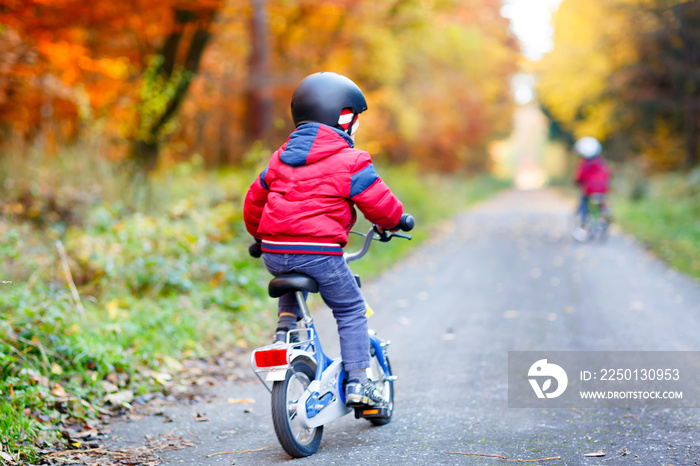 两个穿着五颜六色衣服骑着自行车在秋季森林公园骑行的小男孩
