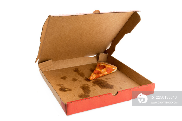 an empty box of delivery pizza with one slice left isolated on white