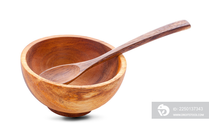 wood bowl and wood spoon on white background