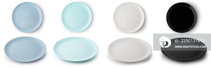 Set of flat empty plates of different colors isolated on white background. Top and side view.