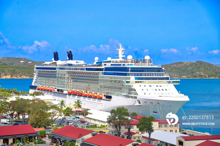 Cruise ship docked near Saint Thomas Island