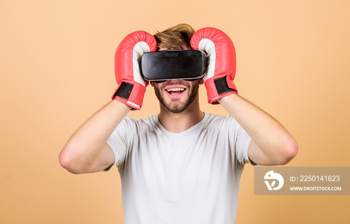 Modern technologies. man use new technology. boxing in virtual reality. Digital sport success. vr bo
