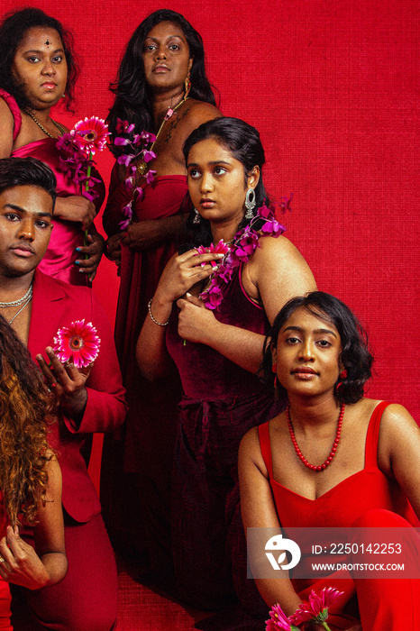 一群马来西亚印第安人在红色背景下，穿着红色衣服，摆出姿势大笑