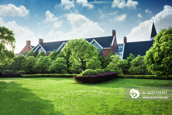 Beautiful modern house in cement, view from the garden.