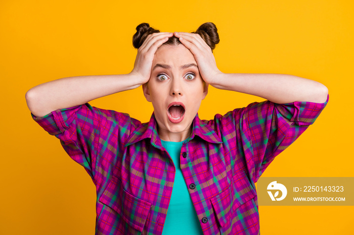 Close-up portrait of her she nice attractive devastated frustrated mad girl wearing checked shirt ba