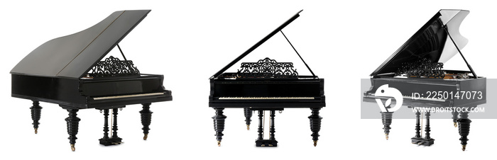 Black grand pianos on white background