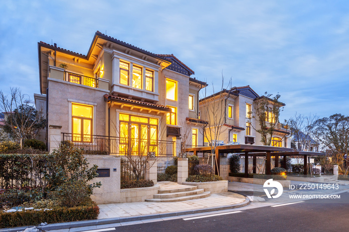 houses in modern villa at night