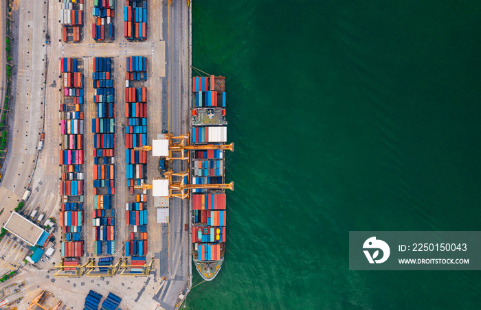 Aerial view from drone Logistics and transportation of Container Cargo ship and Cargo import export 