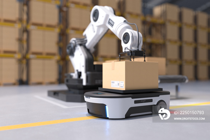 The Robot arm picks up the box to Autonomous Robot transportation in warehouses, Warehouse automatio