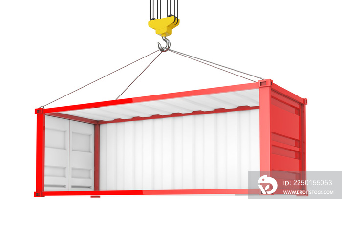 Empty Red Shipping Container with Removed Side Wall During Transportation with Crane Hook. 3d Render