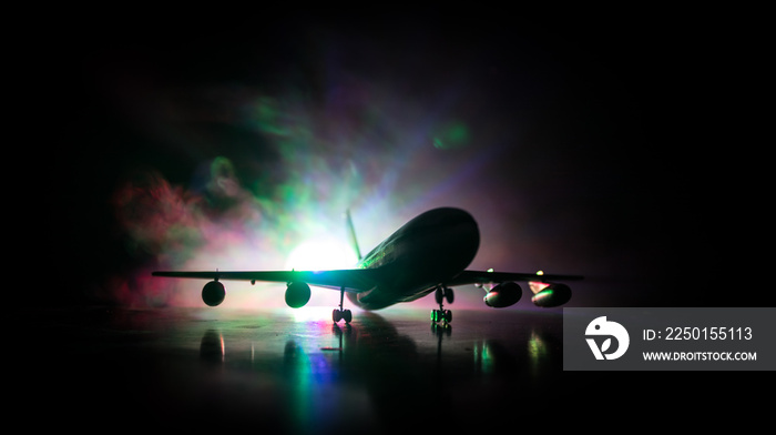 Artwork decoration. White passenger plane ready to taking off from airport runway. Silhouette of Air