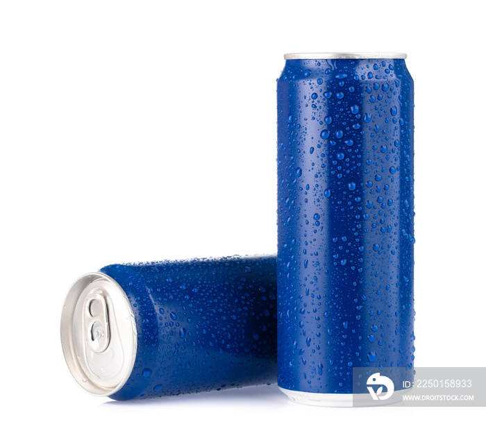 aluminum cans with fresh water drops isolated from white background.