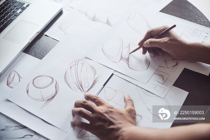 Production designer sketching Drawing Development Design product packaging prototype idea Creative C