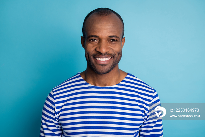 Portrait of candid content dark skin guy enjoy summer holiday walk look good toothy smile wear nauti