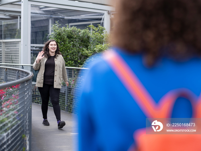 UK, Smiling lesbian couple meeting on bridge