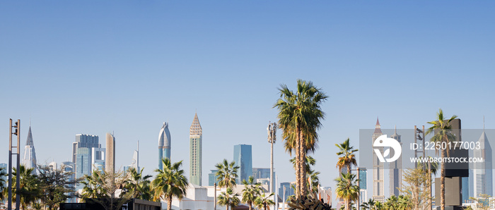 Panorama of modern skyscrapers in the financial district at sunny time. Banner.