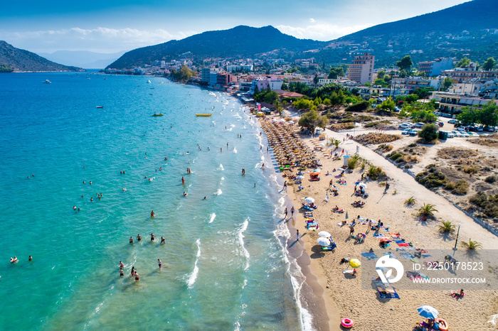 Top view of Tolo beach or  Psili Ammos  is from the most popular tourist resorts of Argolida in Pelo