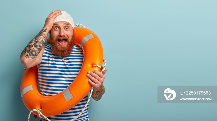 Stressed frightened life saver in panic, faces troublesome situation on beach, yells from fear, cann