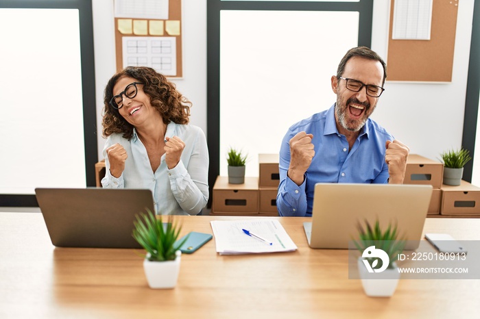 Middle age hispanic woman and man sitting with laptop at the office very happy and excited doing win