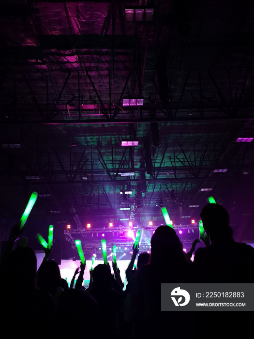 Crowd at concert : Silhouette people crowd happy and cheering with led foam stick light in front of 