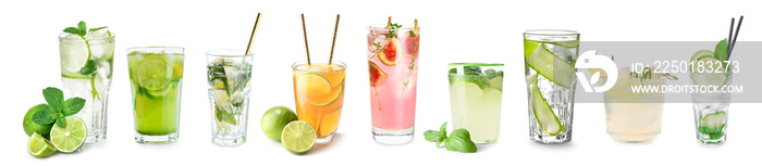 Assortment of fresh lemonade on white background