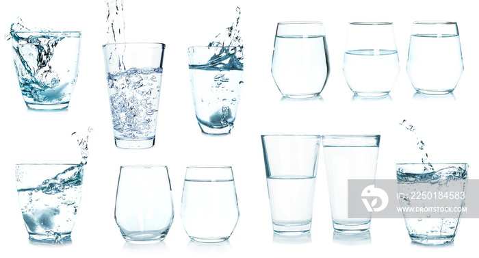 Collage with glasses of fresh water on white background