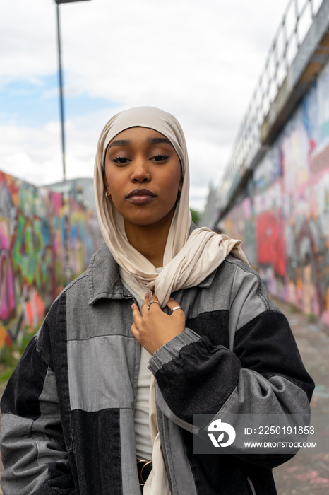 Portrait of young woman wearing�hijab�outdoors