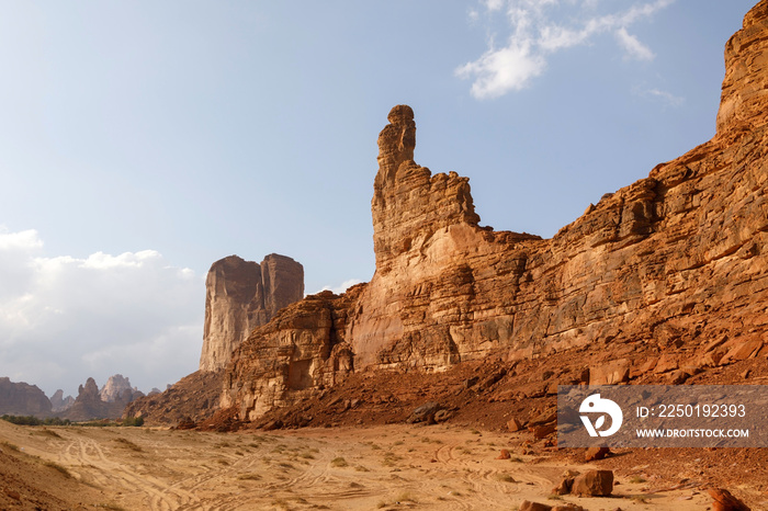 Typical landscape with eroded mountains in the desert oasis of Al Ula in Saudi Arabia