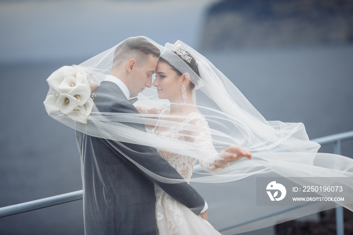 Beautiful groom and bride with long veil near the blue lake