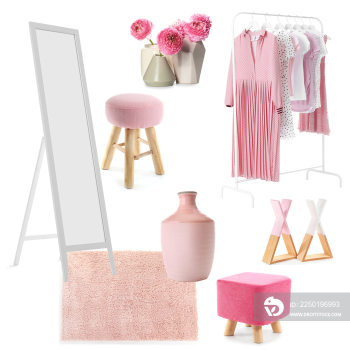 Collage with different elements of wardrobe interior on white background