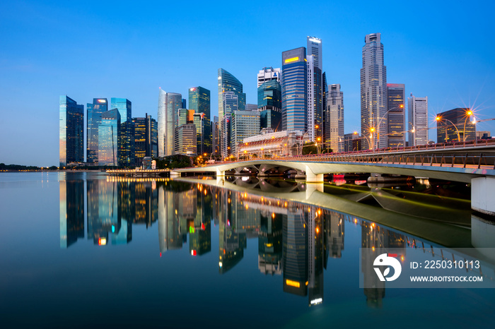 Beautiful Singapore cityscape at dusk. Landscape of Singapore business building around Marina bay. M