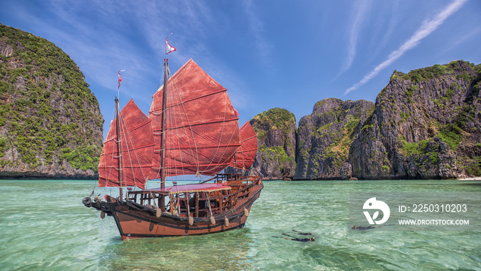 Maya beach with original chinese boat near phuket