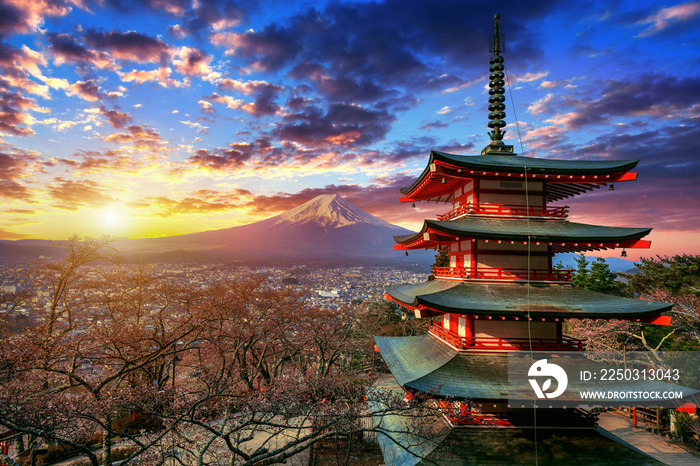 Chureito pagoda and Fuji mountain at sunset in Japan.