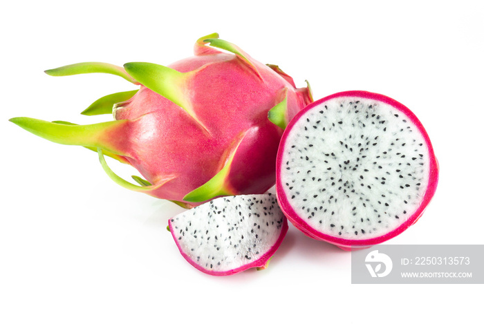 Close up fresh dragon fruit isolated on white background, food healthy