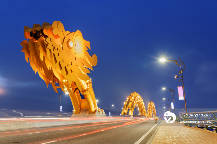 Beautiful evening view of the Dragon Bridge in Danang, Vietnam