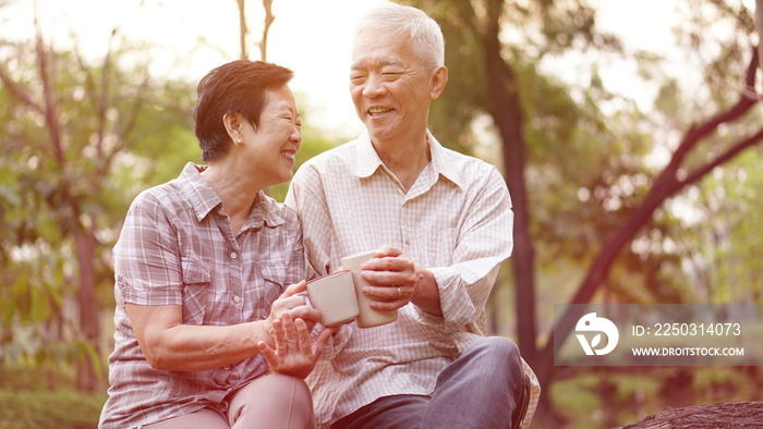 健康的亚洲老年夫妇一起在晨间公园喝咖啡