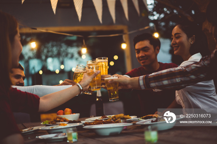 People in asian are celebrating the festival they clink glasses beer and dinner happy