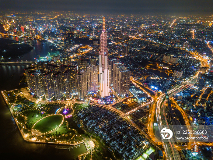 西贡最高建筑夜晚的美丽鸟瞰图