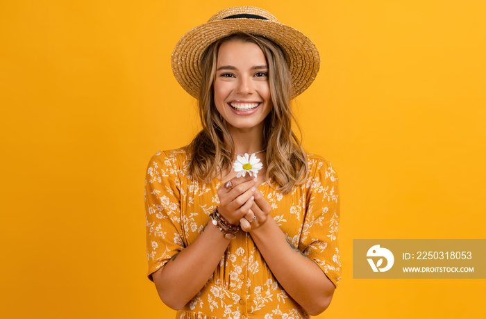 beautiful attractive stylish woman in yellow dress and straw hat