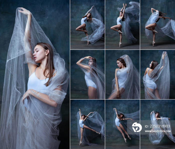 Set of portraits of graceful young ballet dancer, ballerina dancing isolated on blue studio backgrou