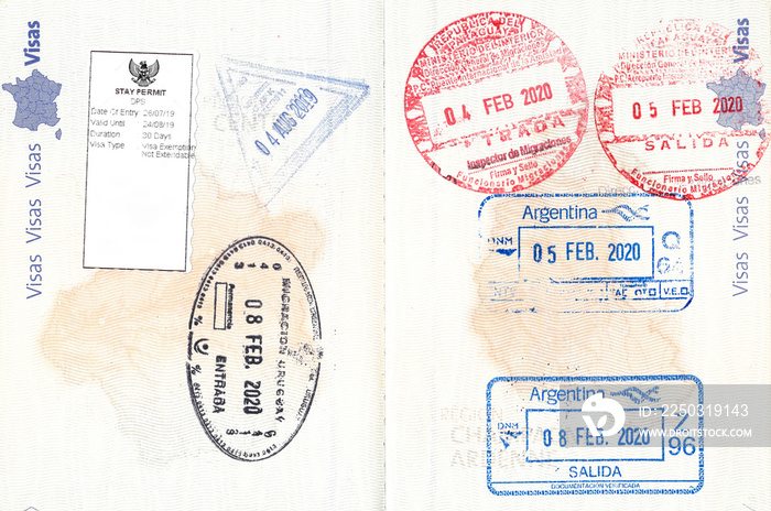 法国护照上的印度尼西亚、乌拉圭、巴拉圭和阿根廷移民印章。无个人证件