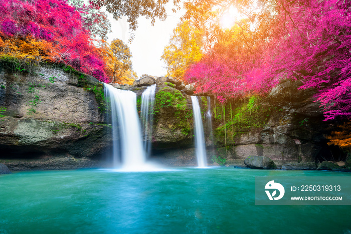 大自然令人惊叹，秋天五颜六色的秋天森林里有美丽的瀑布