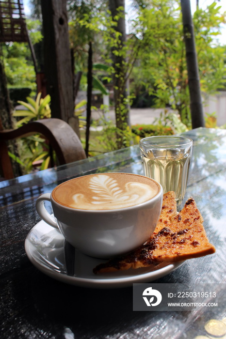 Hot Latte in the Garden with Sweet Toast and Green Tea