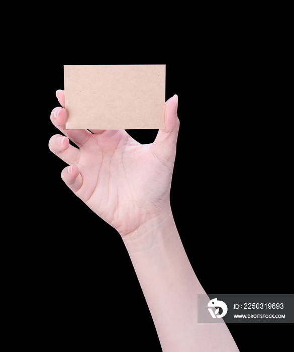 Young asia clean girl hand holding a blank kraft brown paper card template isolated on black backgro