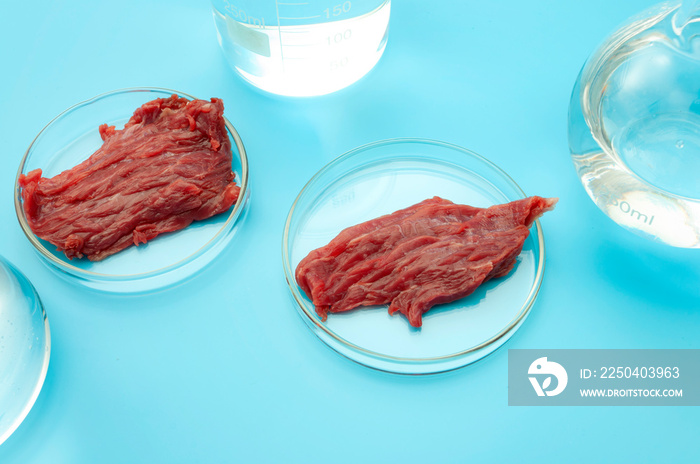 Food engineering, lab grown beef and the diet of the future concept with meat in glass petri dish is