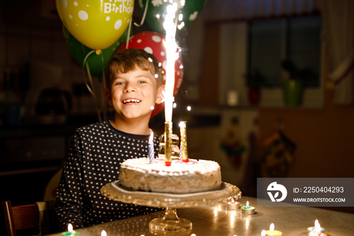 Adorable happy blond little kid boy celebrating his birthday. Child blowingcandles on homemade baked