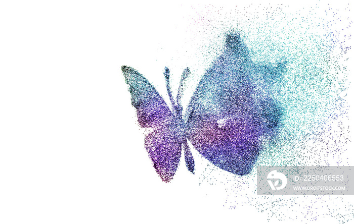 Butterfly made of realistic glitter dust on white background creative concept